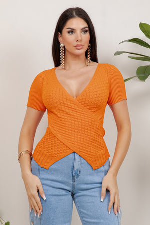 Tulipan Short Sleeve Crossover V-Neck Textured Knit Top