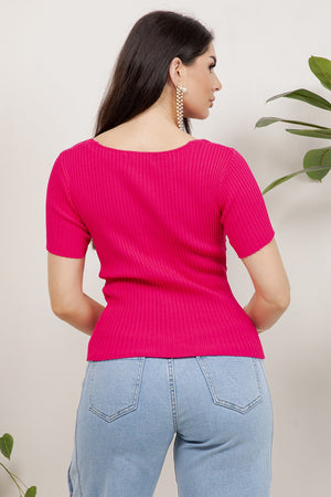 Tulipan Short Sleeve Crossover V-Neck Textured Knit Top