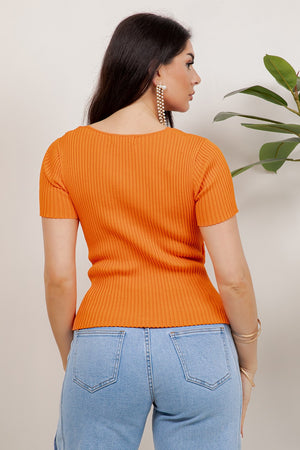 Tulipan Short Sleeve Crossover V-Neck Textured Knit Top