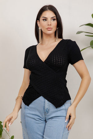 Tulipan Short Sleeve Crossover V-Neck Textured Knit Top
