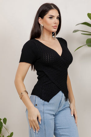 Tulipan Short Sleeve Crossover V-Neck Textured Knit Top