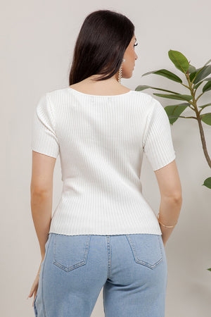 Tulipan Short Sleeve Crossover V-Neck Textured Knit Top