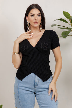 Tulipan Short Sleeve Crossover V-Neck Textured Knit Top