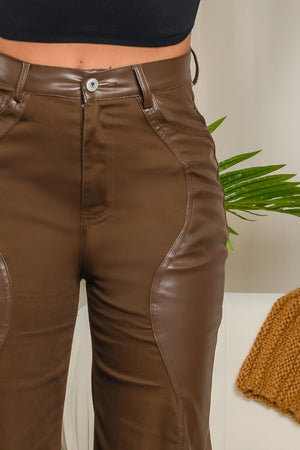 STRAIGHT LEG CONTRAST LEATHER PU PANTS