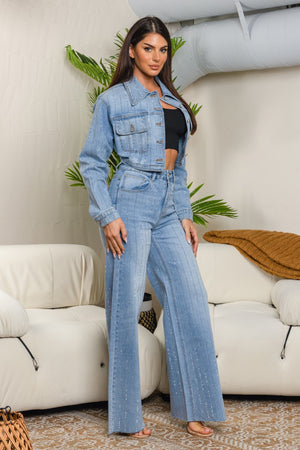 Madona denim rhinestone corpped trucker jacket set