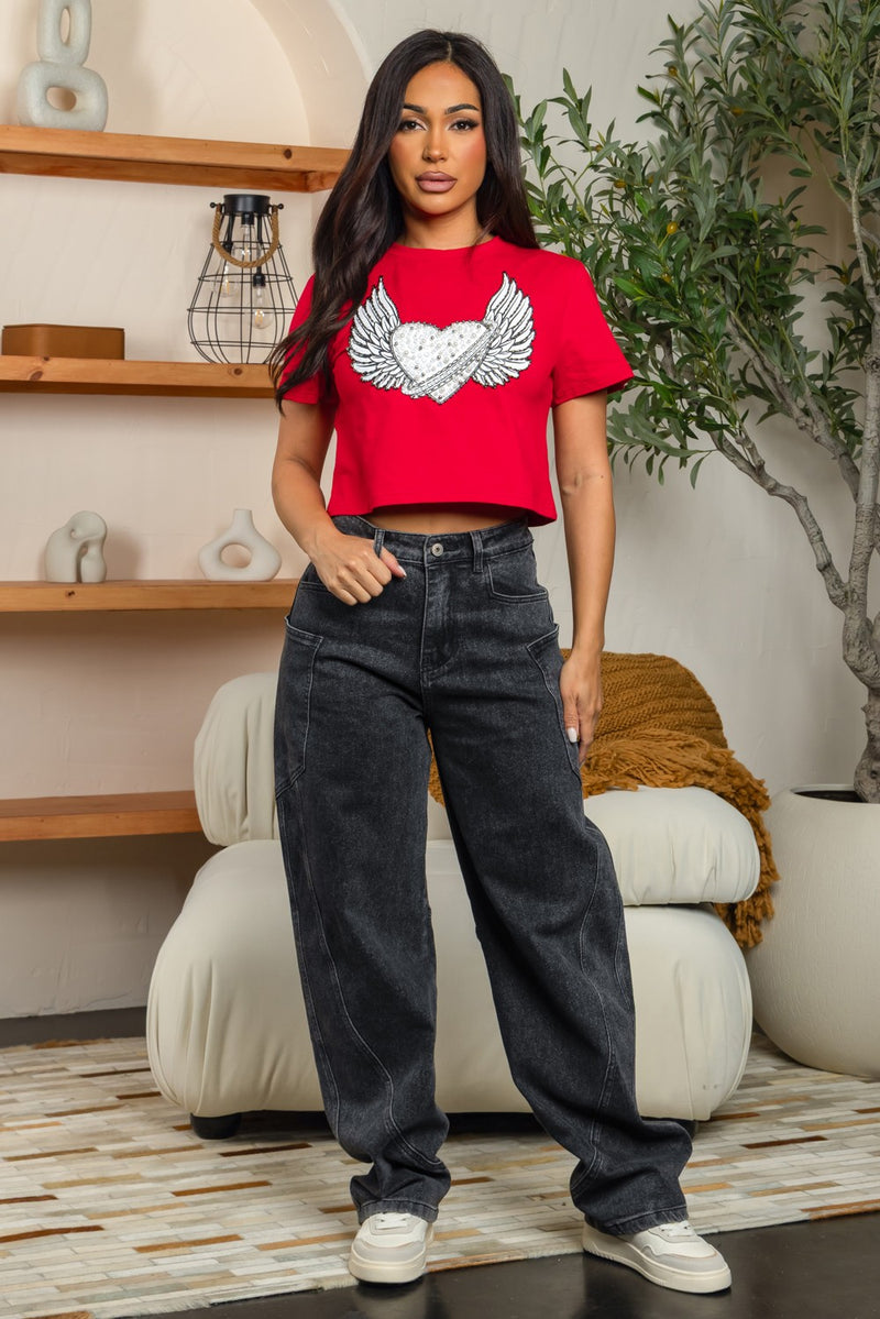 Winded heart print embellishment cropped t-shirt