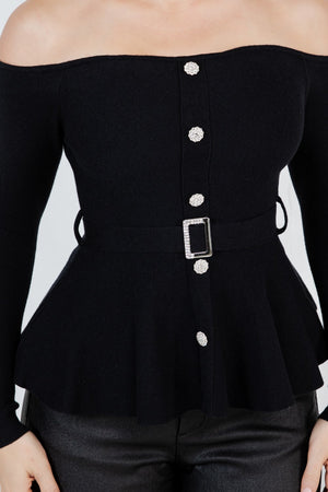 Benedetta  long sleeve open shoulder cinched waist blouse