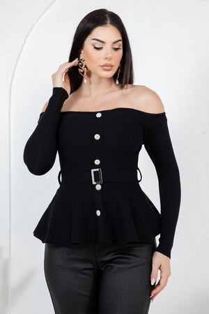Benedetta  long sleeve open shoulder cinched waist blouse