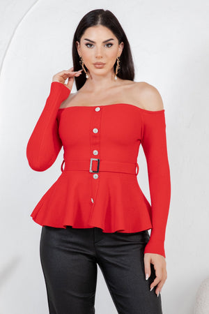 Benedetta  long sleeve open shoulder cinched waist blouse