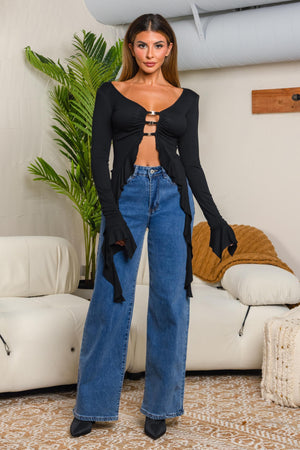 Asymmetrical ruffle long sleeve top