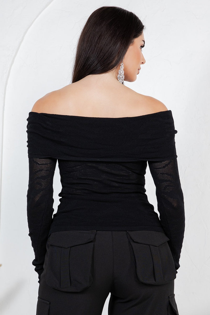 Amandea animal print off shoulder knit long sleeve top