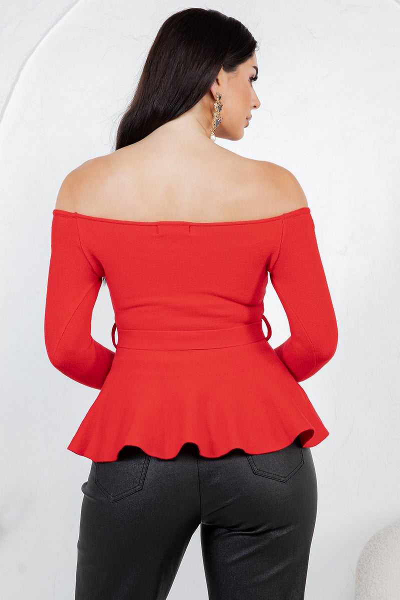 Benedetta  long sleeve open shoulder cinched waist blouse