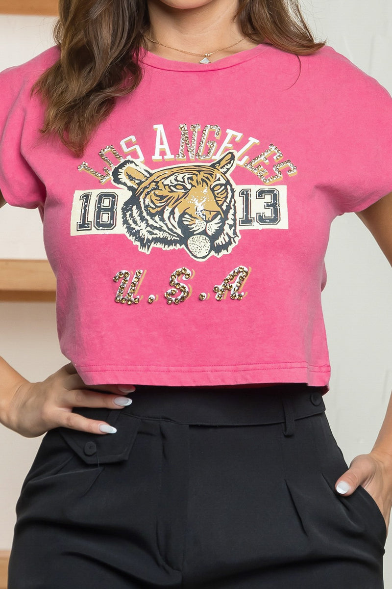 Rauli Tiger print sleeve crop top