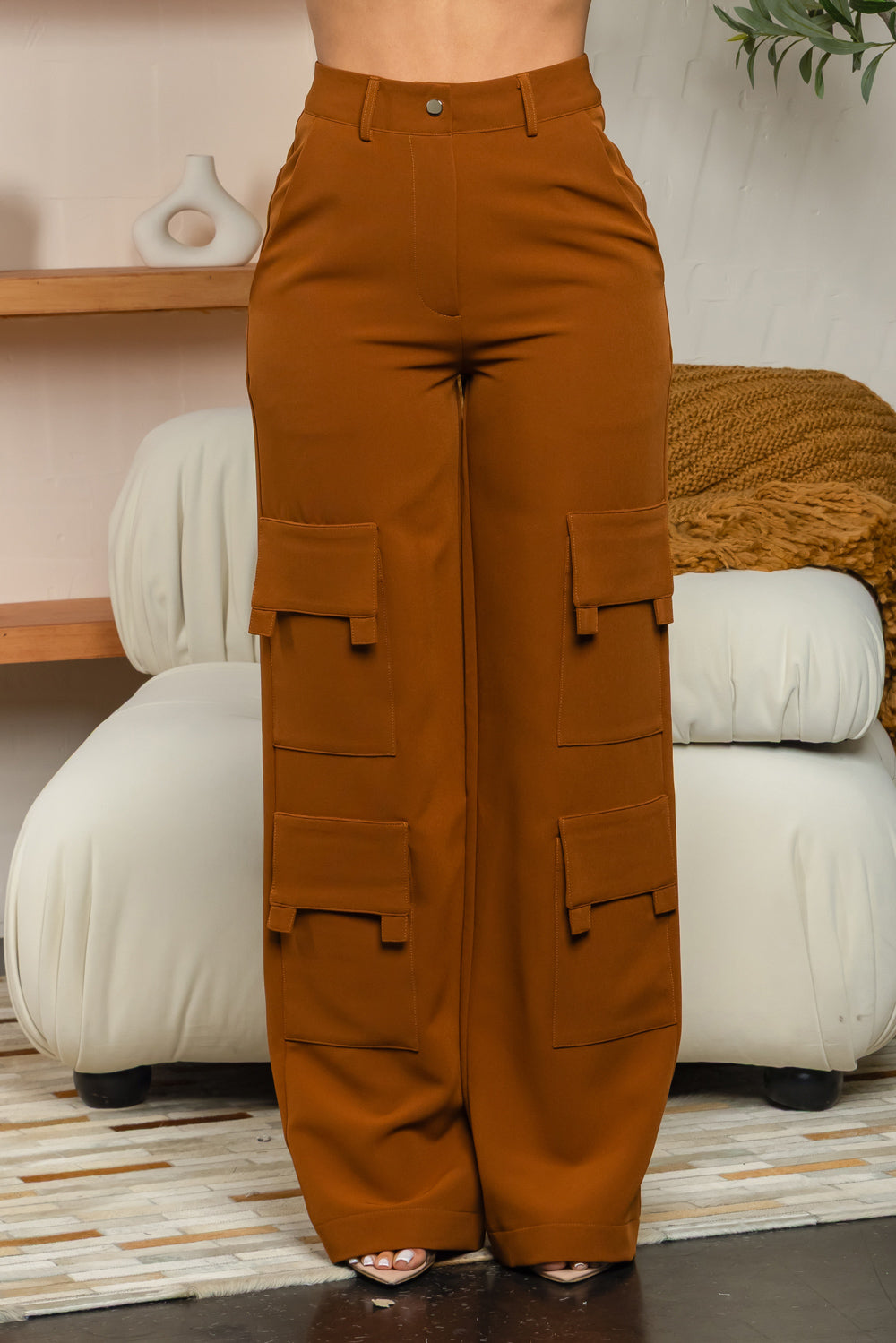 Balboa Fashion Freda High-Waist Stretch Cargo Pants - Brown