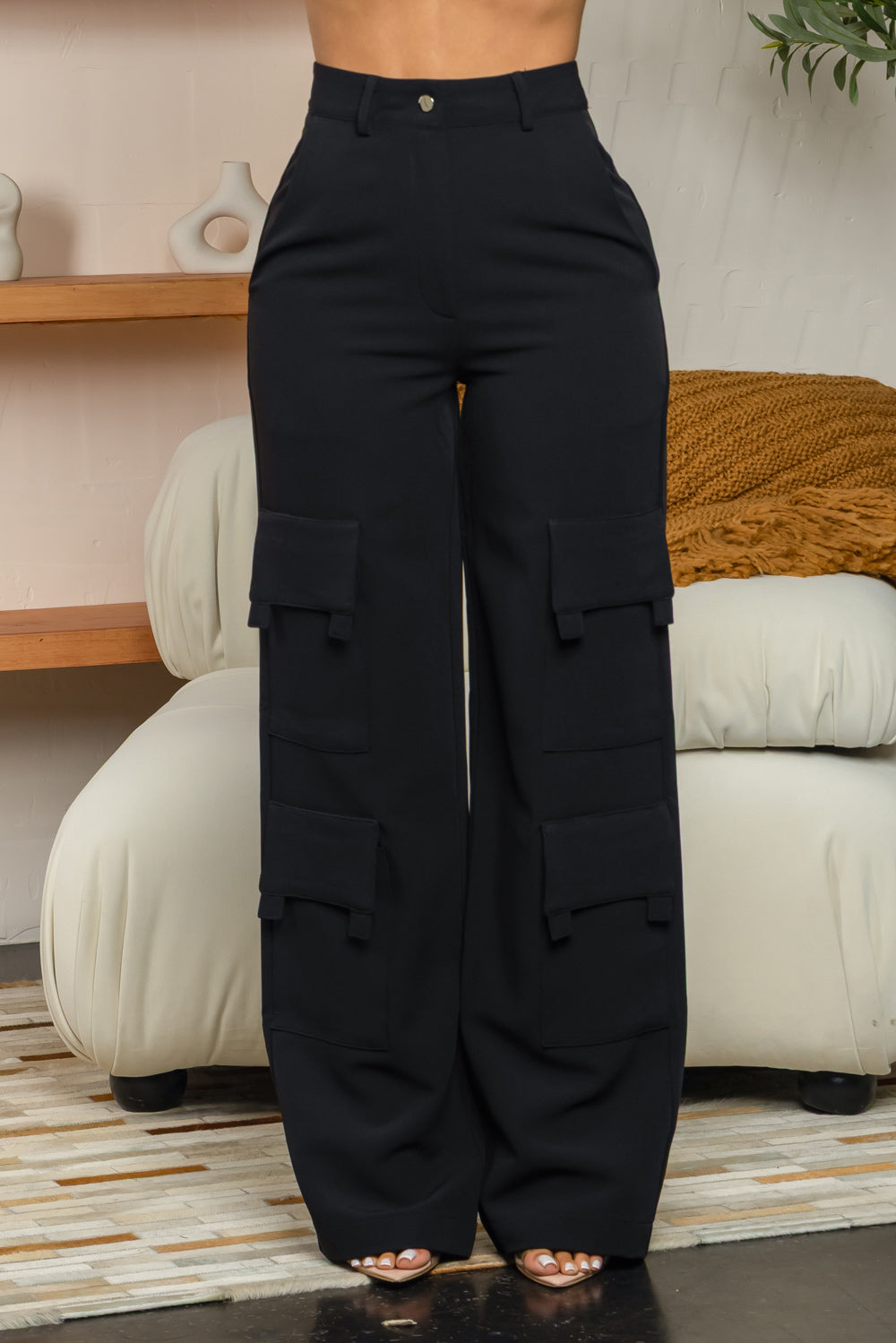 Balboa Fashion Freda High-Waist Stretch Cargo Pants - Black