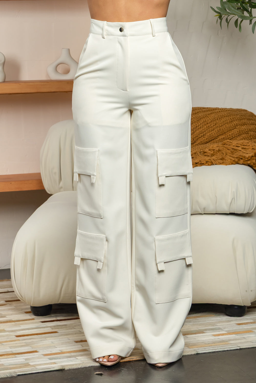 Balboa Fashion Freda High-Waist Stretch Cargo Pants - White