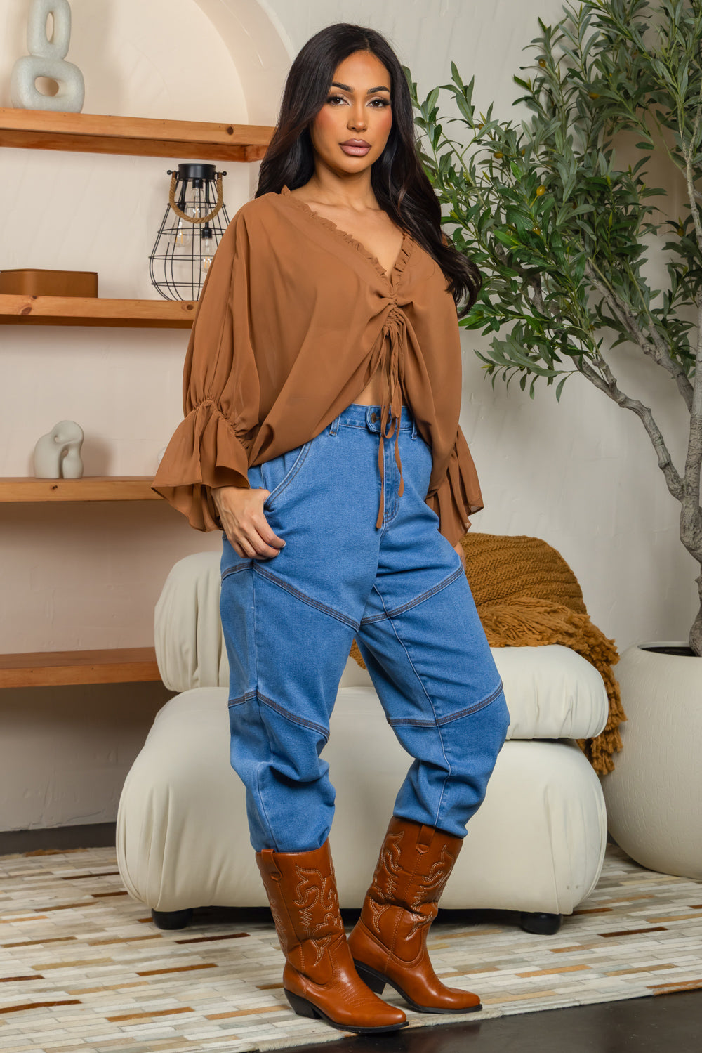 Balboa Fashion Isla Ruched Chiffon Bell-Sleeve Blouse - Brown