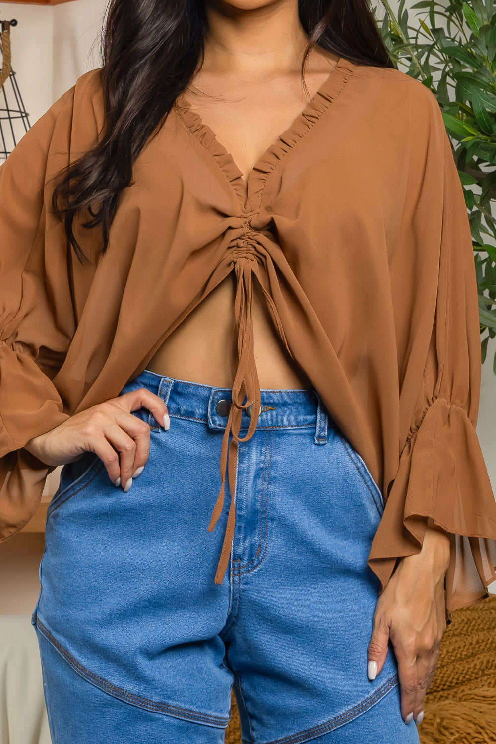 Balboa Fashion Isla Ruched Chiffon Bell-Sleeve Blouse - Brown