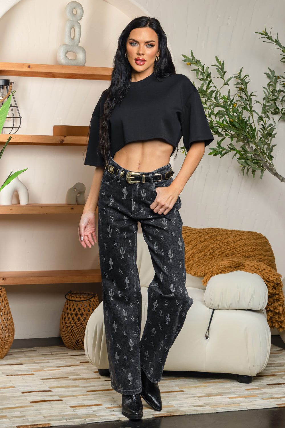 Balboa Fashion Cactus High-Rise Wide-Leg Printed Jean - Black Denim