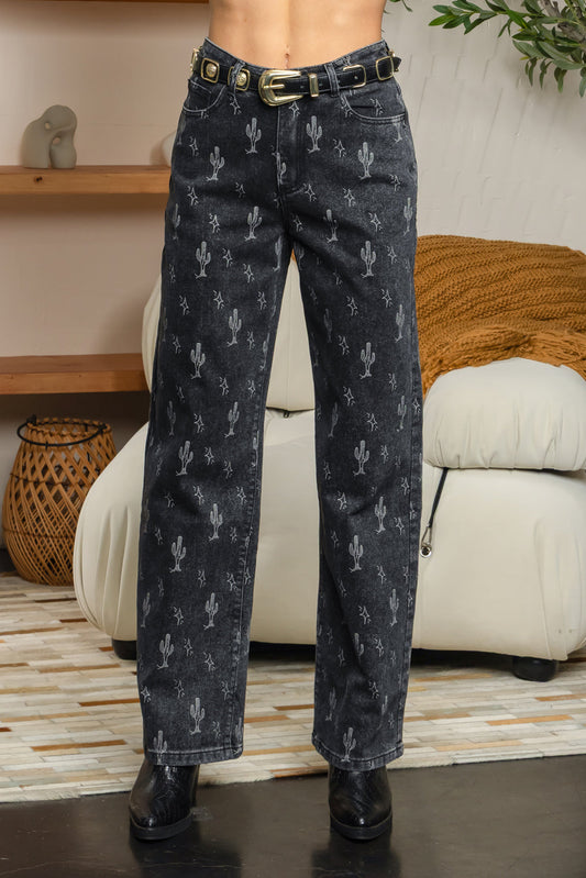 Balboa Fashion Cactus High-Rise Wide-Leg Printed Jean - Black Denim