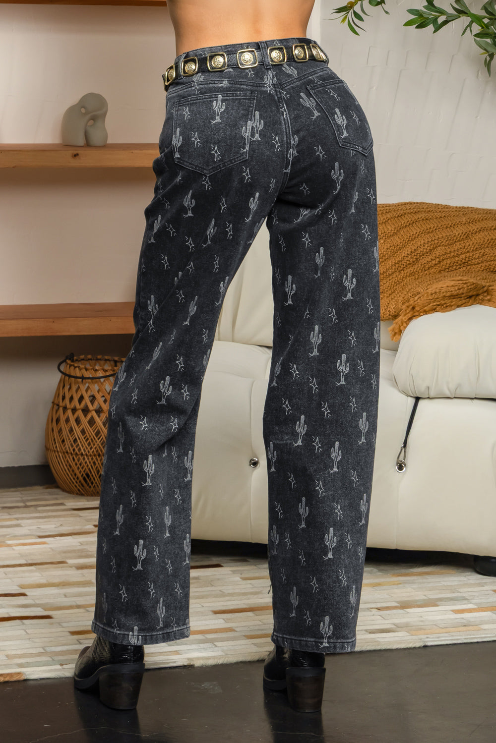 Balboa Fashion Cactus High-Rise Wide-Leg Printed Jean - Black Denim