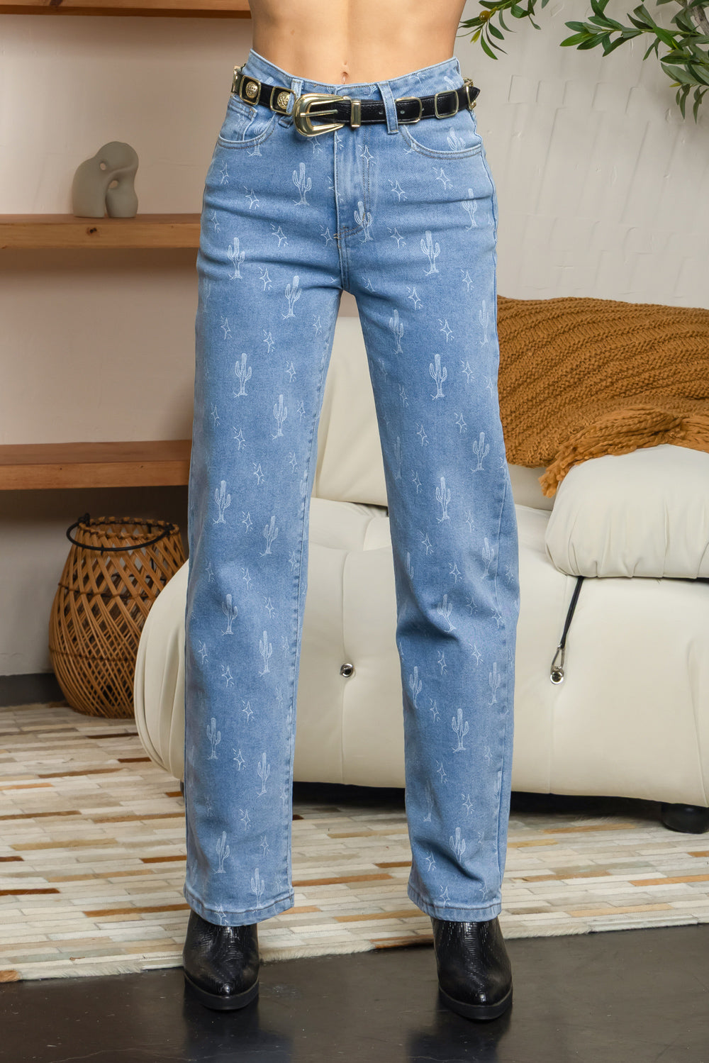 Balboa Fashion Cactus High-Rise Wide-Leg Printed Jean - Light Denim