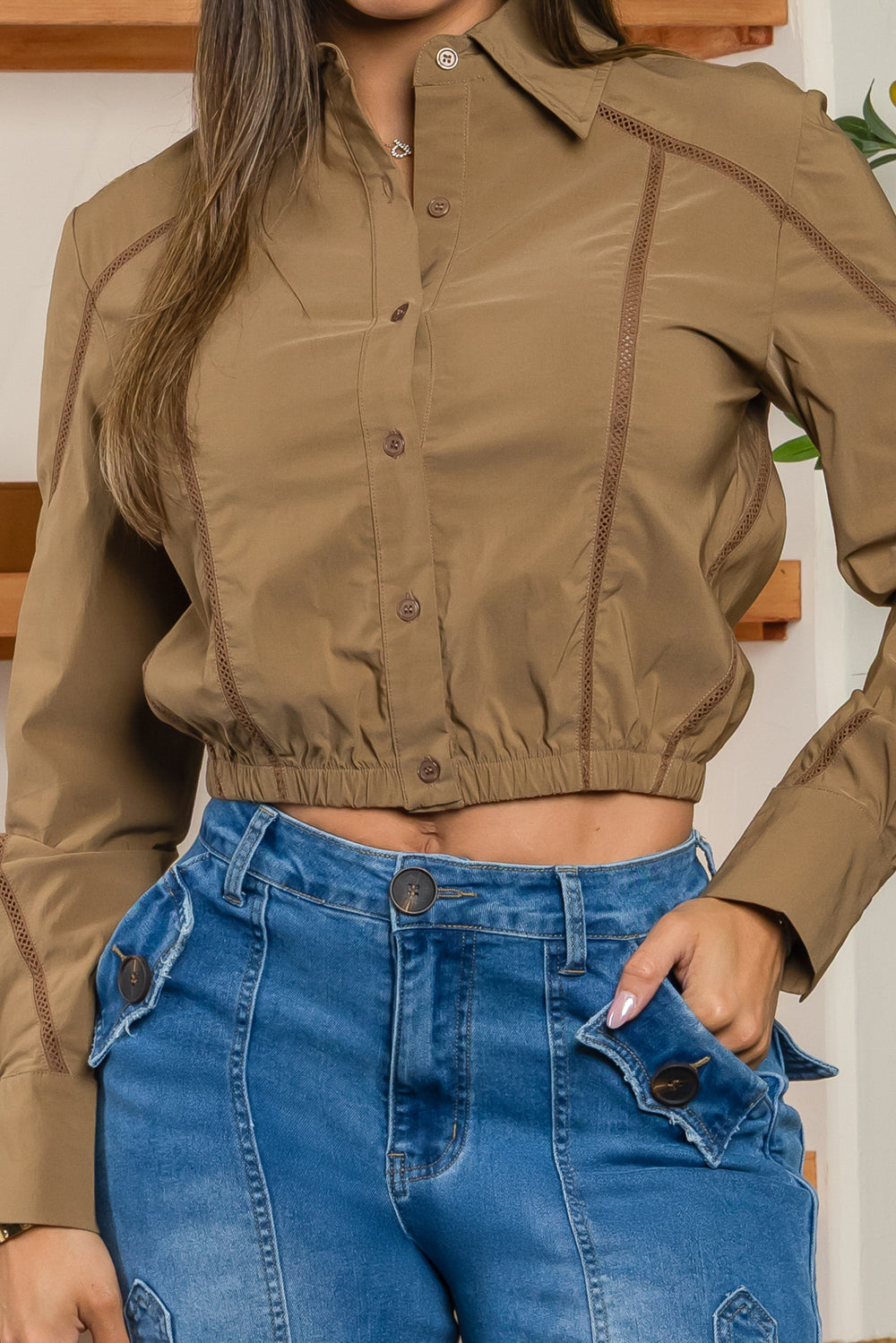 Balboa Fashion Leotina Long-Sleeve Crop Blouse - Brown
