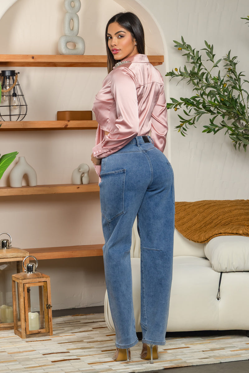 BEADED LONG SLEEVE SATIN BLOUSE