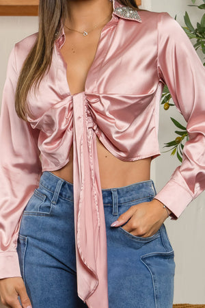 BEADED LONG SLEEVE SATIN BLOUSE