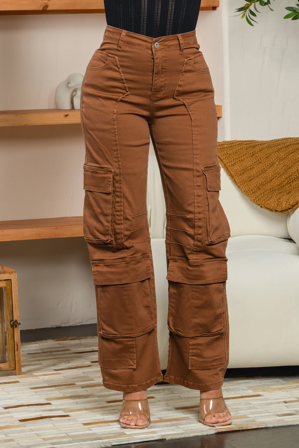 Balboa Fashion Nika Mid-Rise Barrel Cargo Pants - Brown