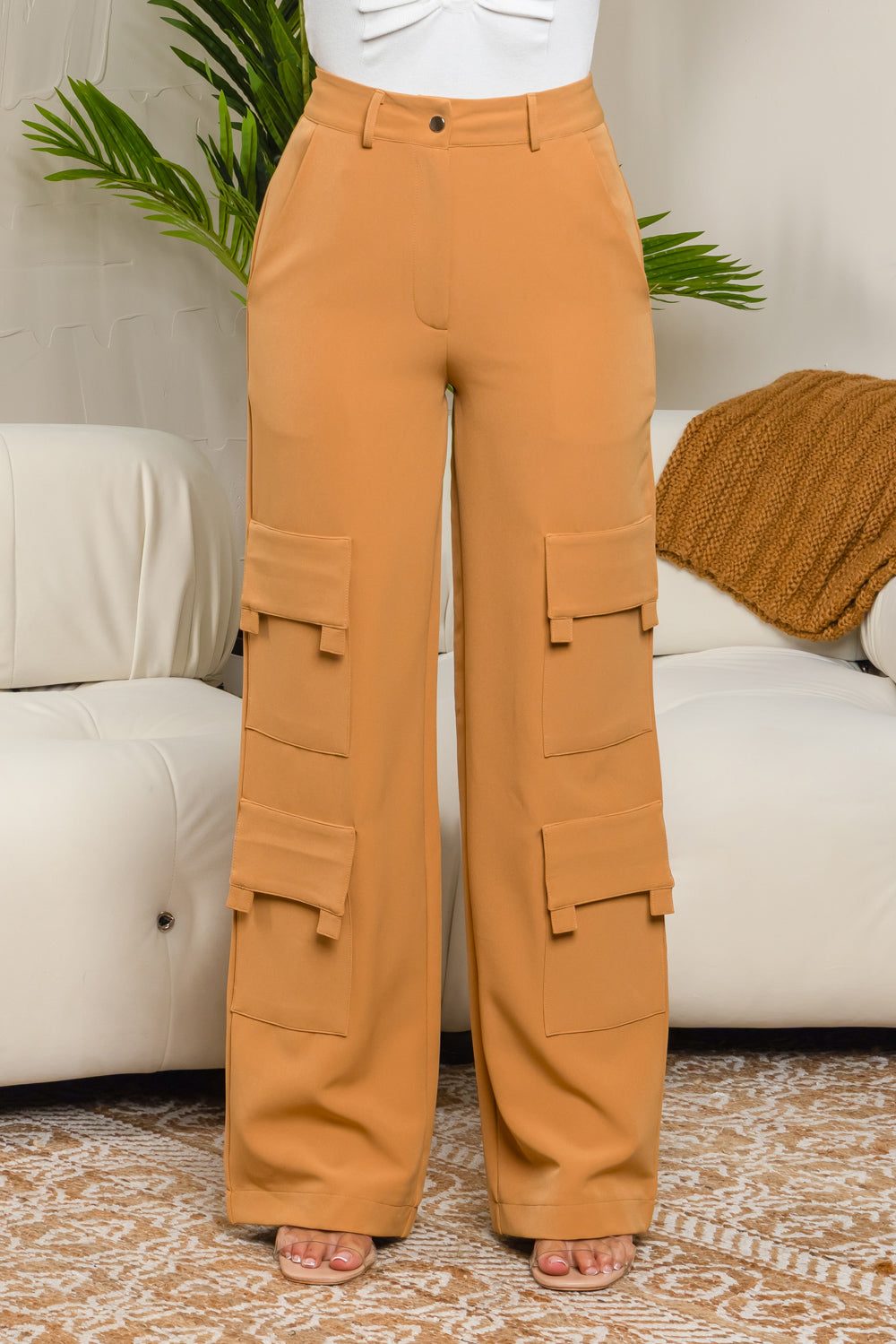 Balboa Fashion Freda High-Waist Stretch Cargo Pants - Beige