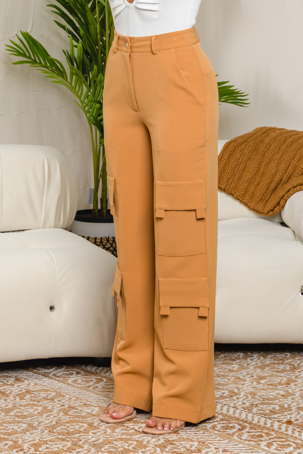 Balboa Fashion Freda High-Waist Stretch Cargo Pants - Beige