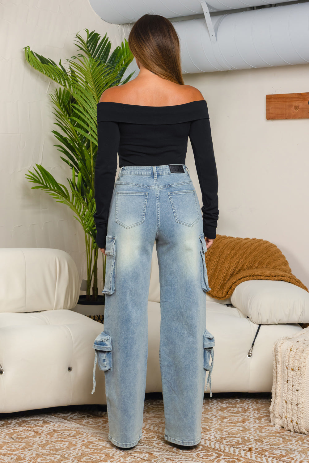 Balboa Fashion Bastia Ripped Denim Cargo Pants - Light Denim Blue