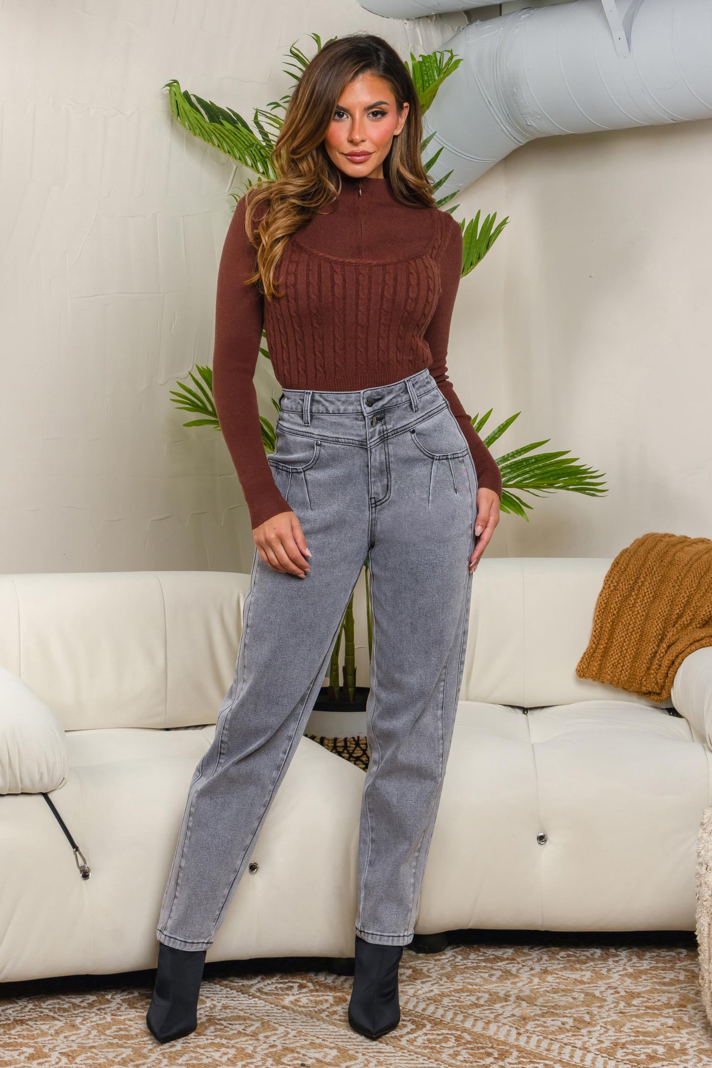 Balboa Fashion Saint Mock Neck Textured Knit Top - Brown
