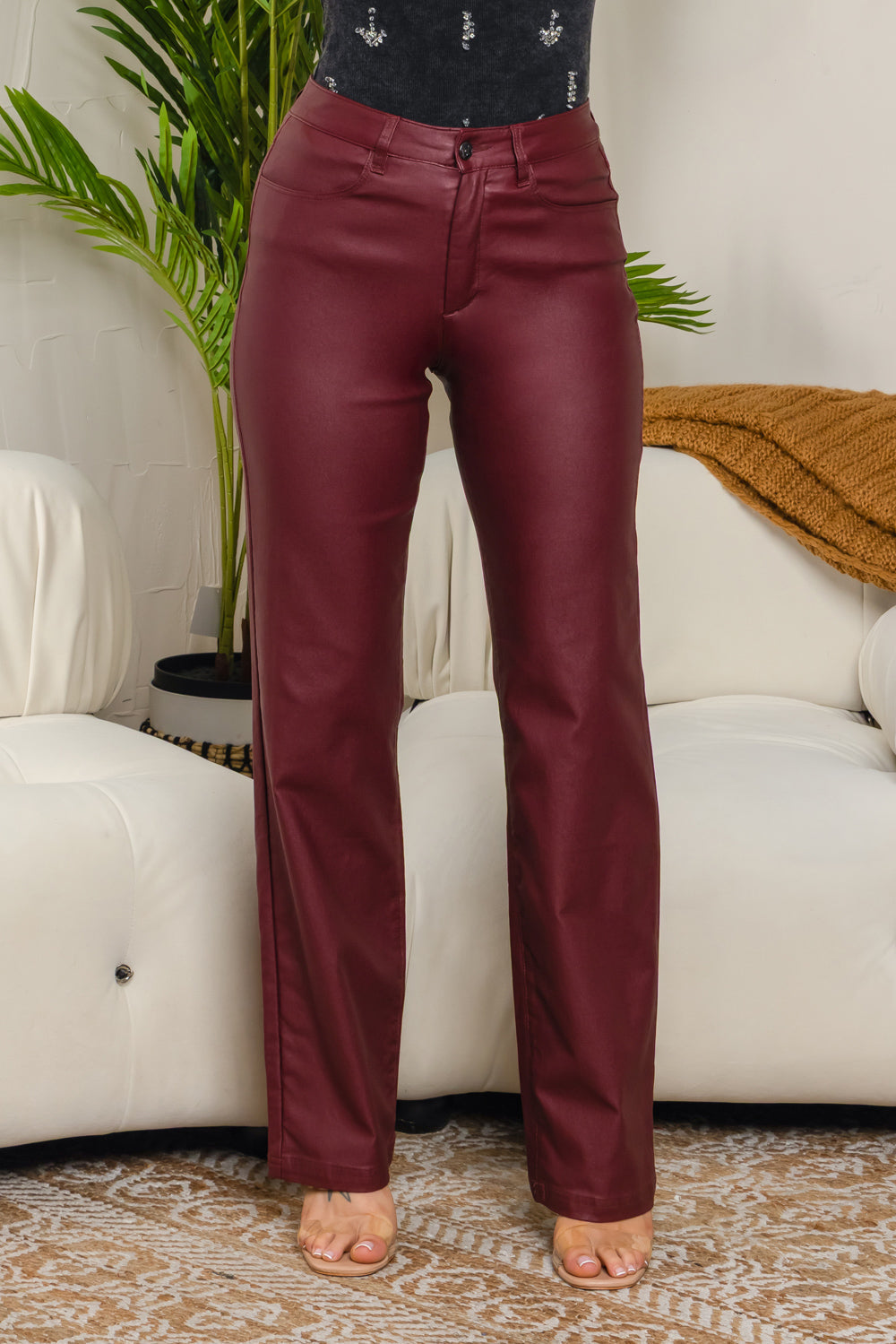 Balboa Fashion Beyonce Faux Leather Straight-Leg Pants - Wine
