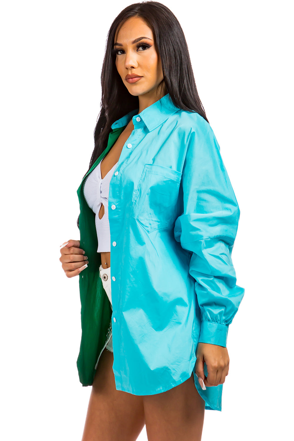 Balboa Fashion Lyon Color-Block Poplin Shirt - Blue-Green