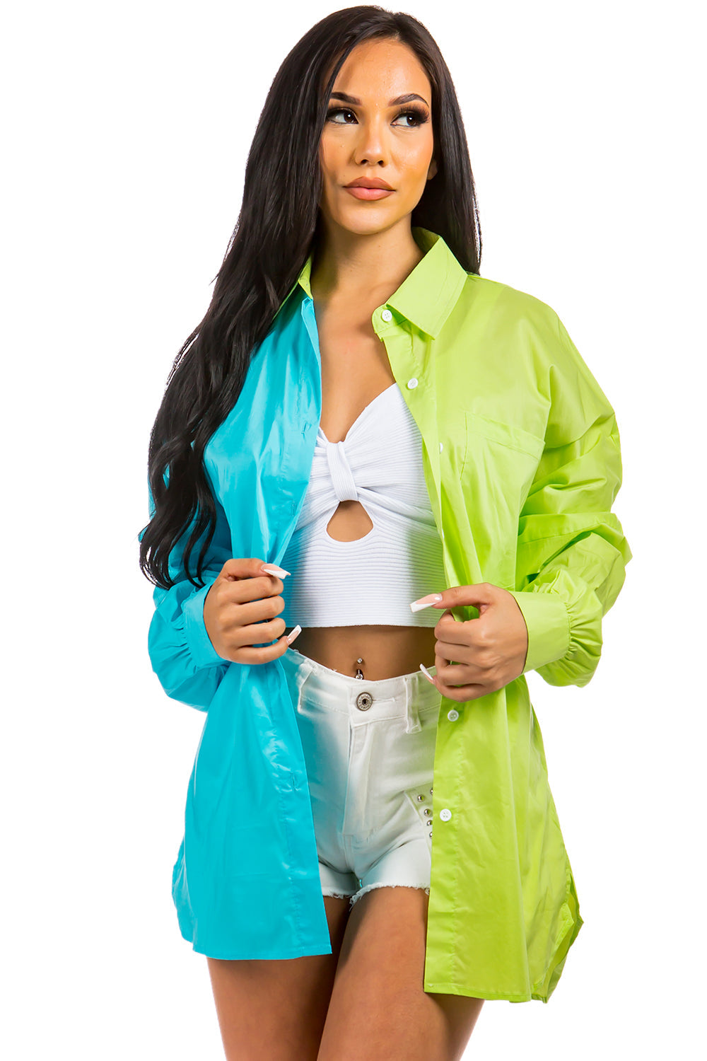 Balboa Fashion Lyon Color-Block Poplin Shirt - Blue-Green