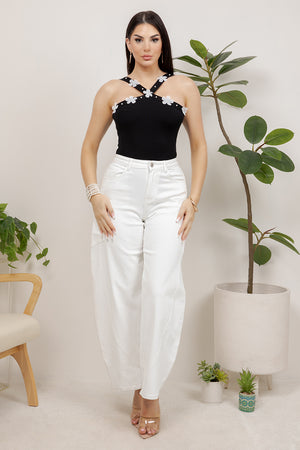 Luna sleeve less bodysuit with 3d flowers