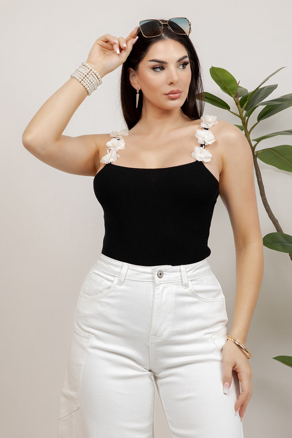 Balboa Fashion Gisella Flower-Trim Knit Tank Top - Black