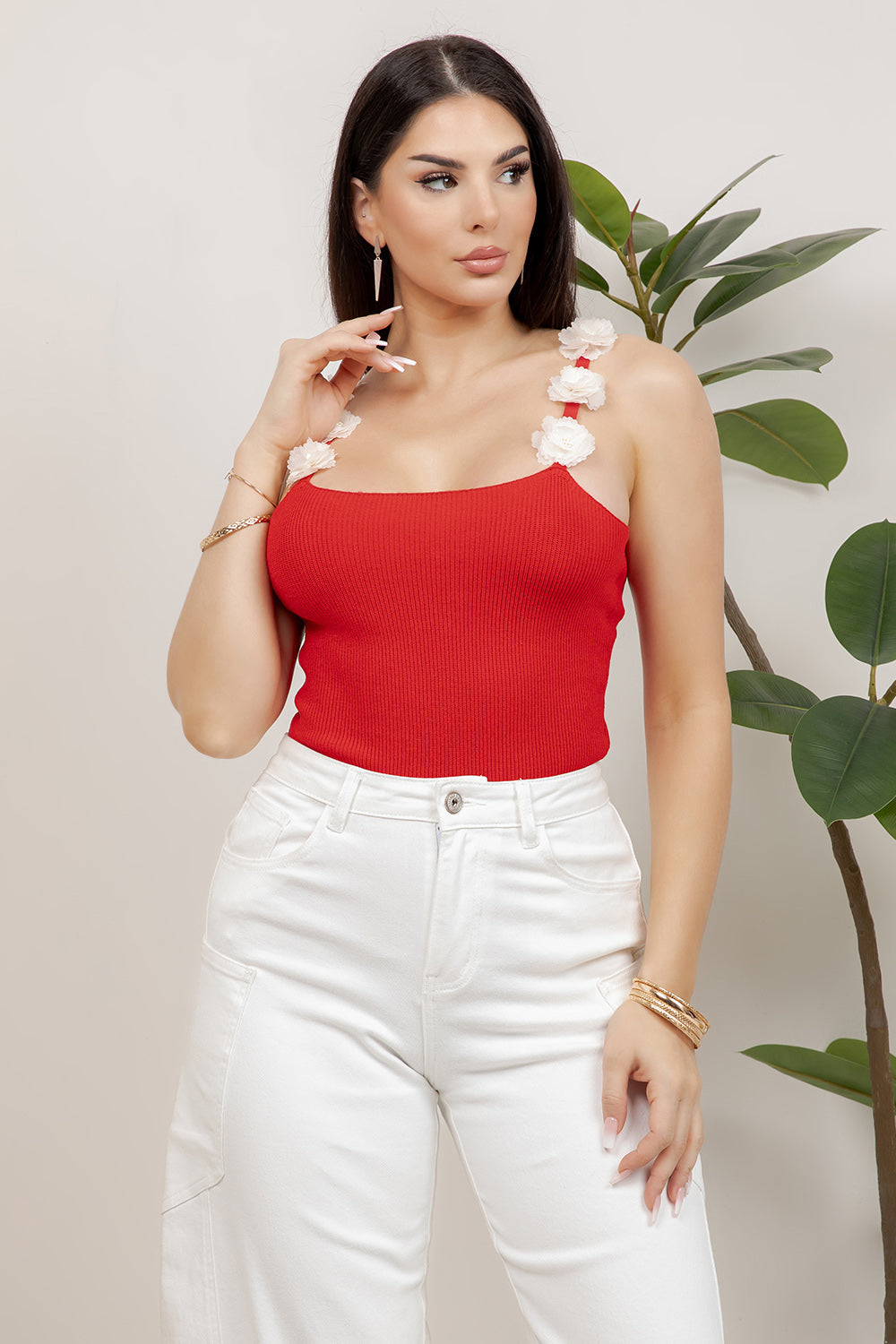 Balboa Fashion Gisella Flower-Trim Knit Tank Top - Red