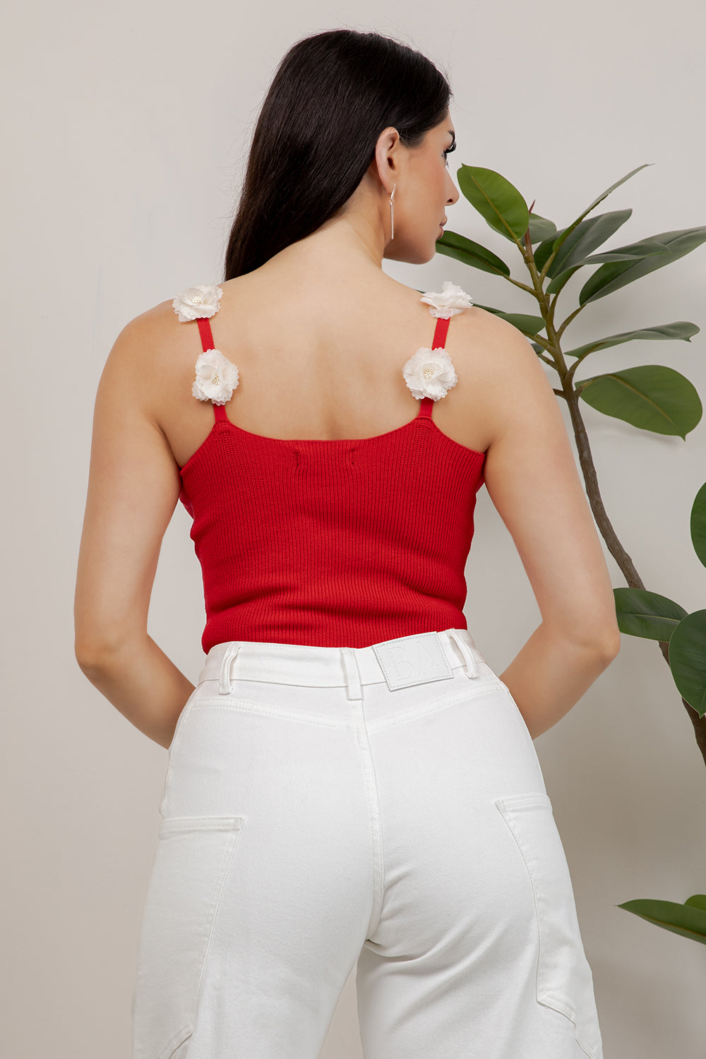 Balboa Fashion Gisella Flower-Trim Knit Tank Top - Red