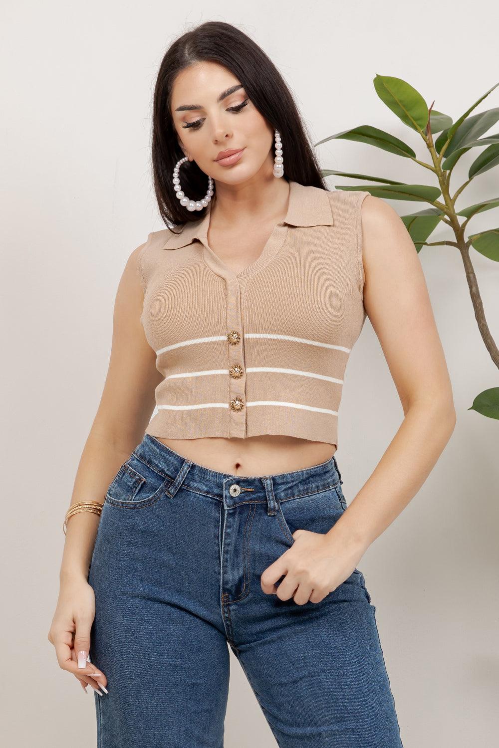 Balboa Fashion Myers Striped Gold-Button Knit Top - Beige