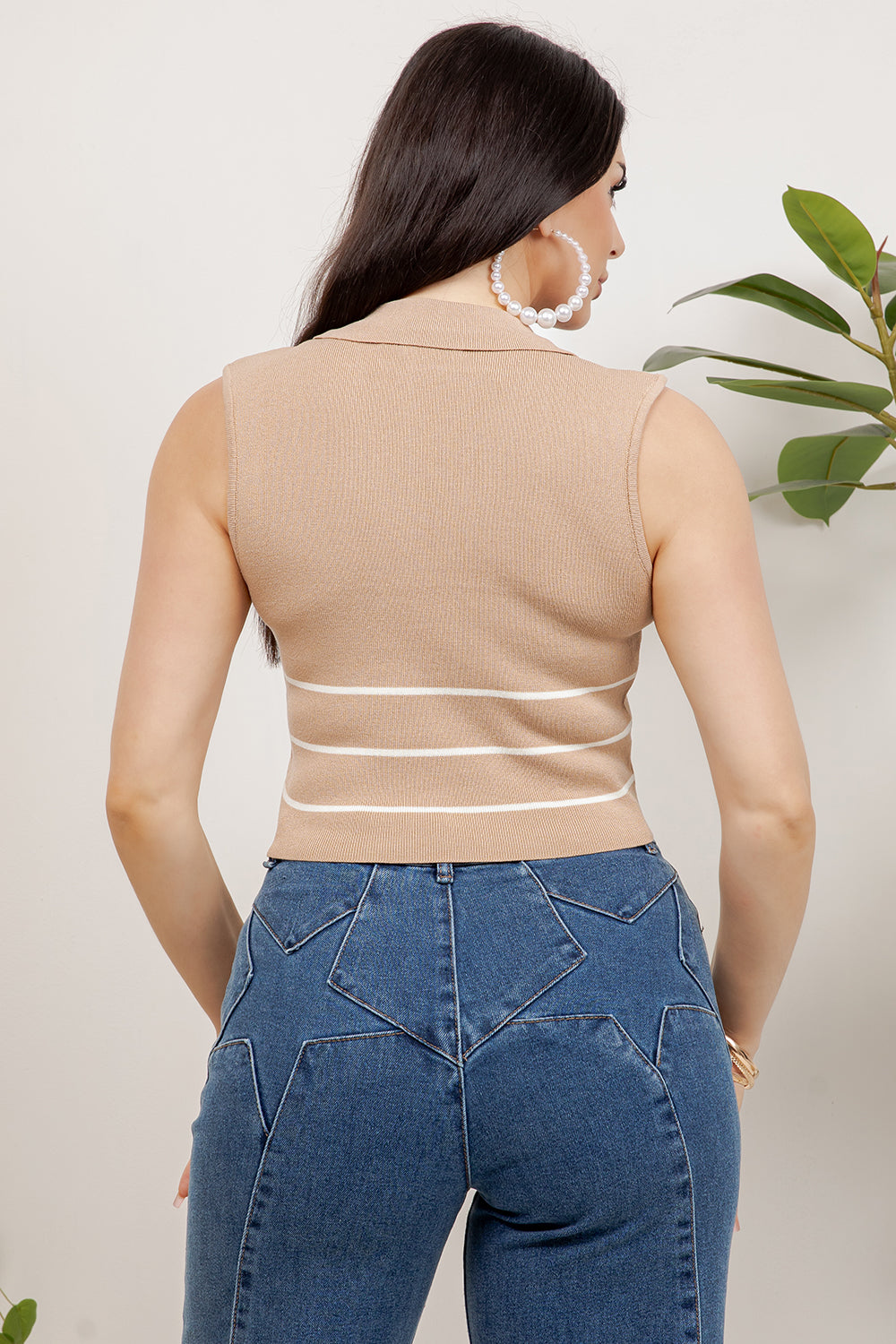 Balboa Fashion Myers Striped Gold-Button Knit Top - Beige