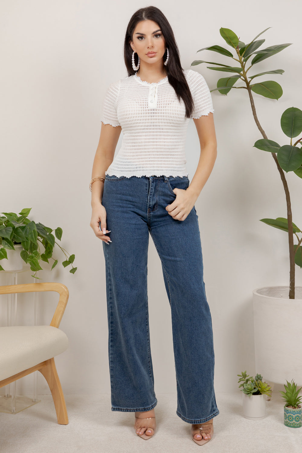 Balboa Fashion Olimpia Pearl-Detail Textured Knit Top - Off White