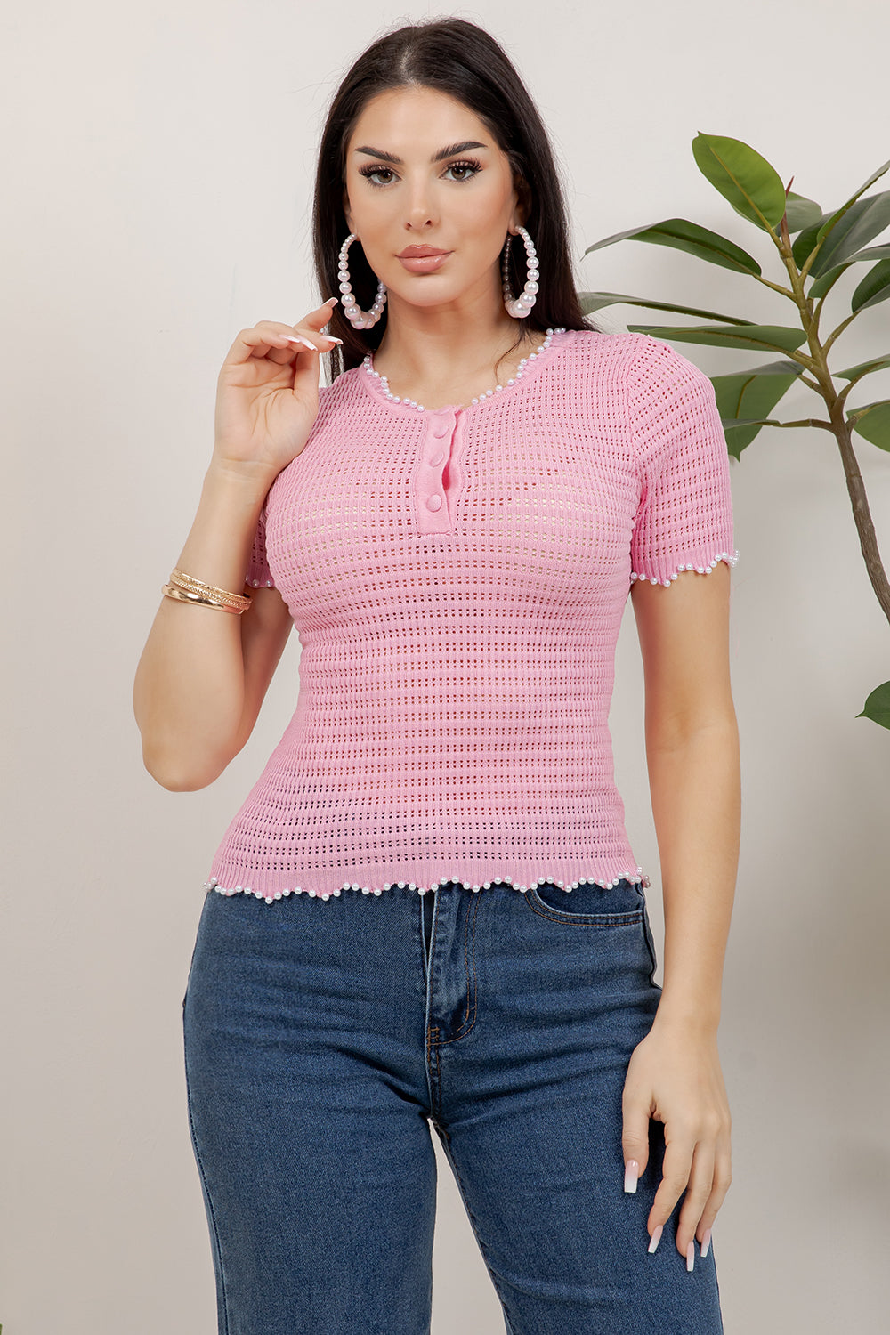 Balboa Fashion Olimpia Pearl-Detail Textured Knit Top - Pink