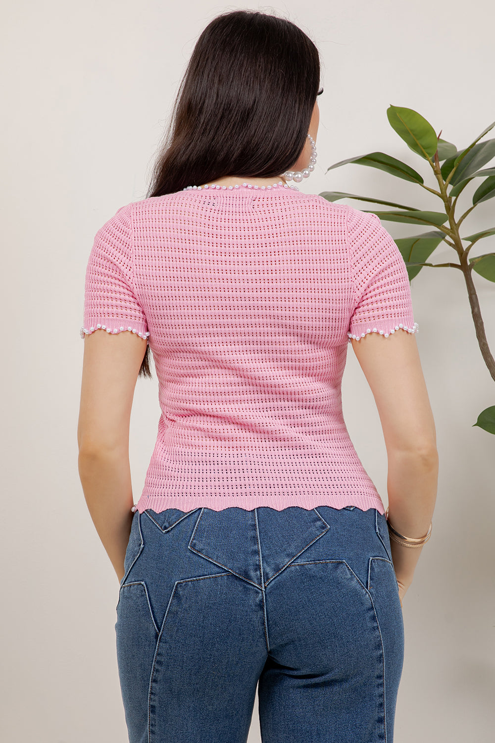 Balboa Fashion Olimpia Pearl-Detail Textured Knit Top - Pink