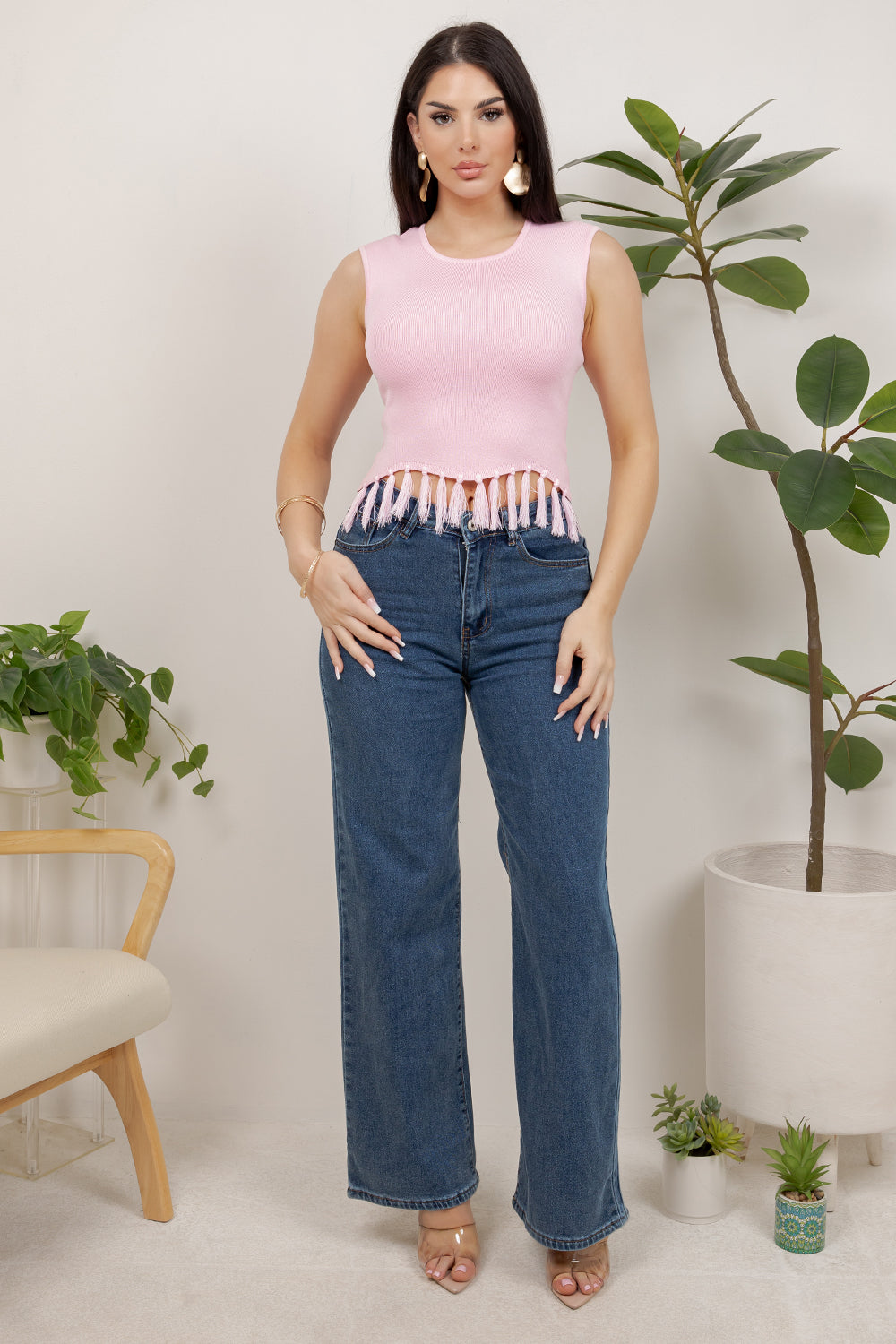 Balboa Fashion Shakira Sleeveless Fringe Top - Pink