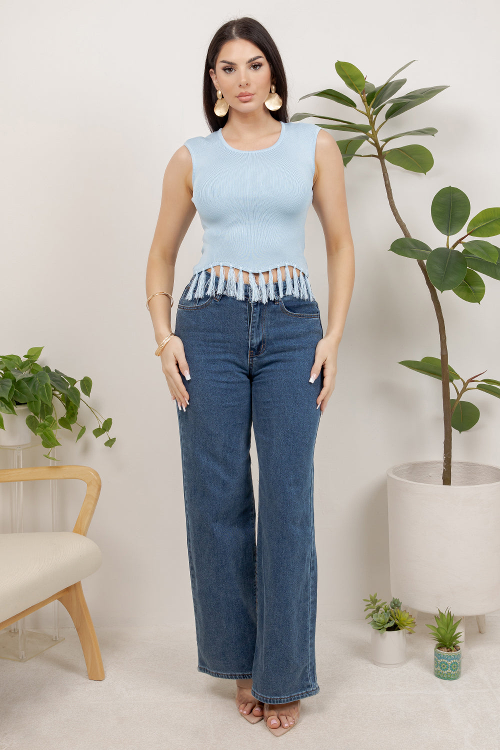 Balboa Fashion Shakira Sleeveless Fringe Top - Blue