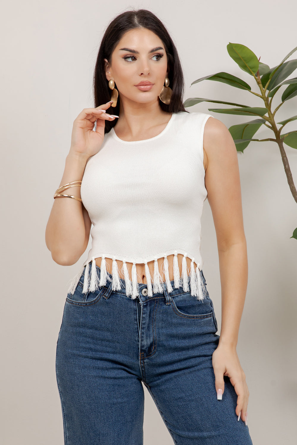 Balboa Fashion Shakira Sleeveless Fringe Top - Off White