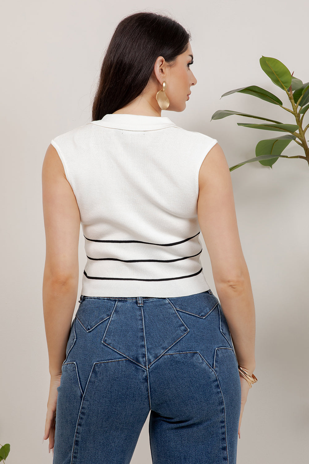 Balboa Fashion Myers Striped Gold-Button Knit Top - Off White